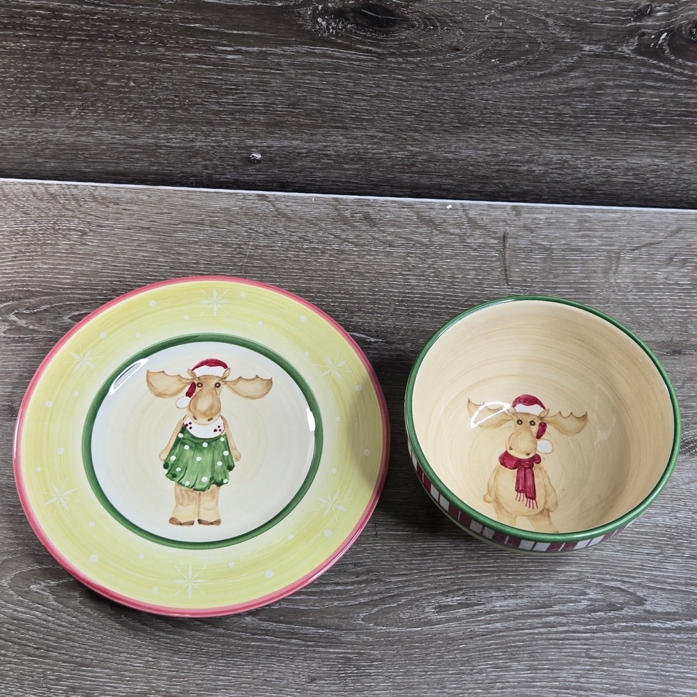 Villeroy & Boch X-MAS FUN Bowl Plate Set Moose Holiday Green Red Portugal Used